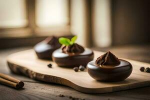 chocolate desserts on a wooden board. AI-Generated photo
