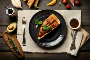 un rebanada de Pizza en un negro plato con un tenedor y cuchillo. generado por ai foto