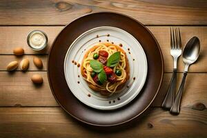 spaghetti with tomato sauce and basil leaves on a plate. AI-Generated photo