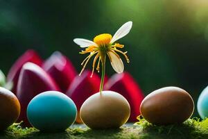 colorful eggs with a flower in the middle. AI-Generated photo