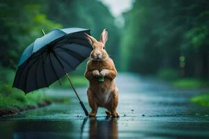 a rabbit is standing on a wet road holding an umbrella. AI-Generated photo