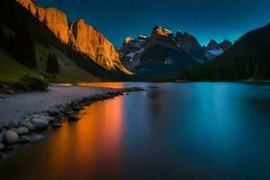the mountains are reflected in the water at sunset. AI-Generated photo