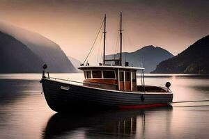 un barco es flotante en el agua cerca montañas. generado por ai foto