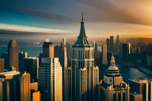 el ciudad horizonte a puesta de sol con el imperio estado edificio en el antecedentes. generado por ai foto