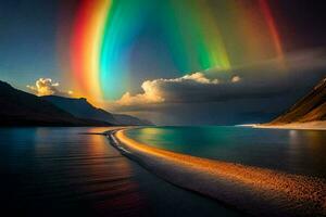 un arco iris terminado el agua en un lago. generado por ai foto