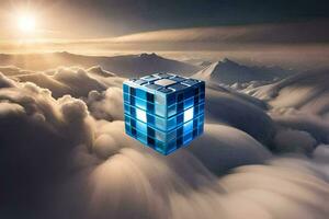 un azul cubo flotante en el nubes generado por ai foto