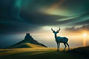 a deer stands on a hill with a sunset in the background. AI-Generated photo