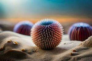 three cactus balls in the sand. AI-Generated photo