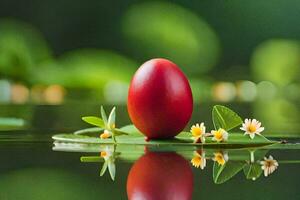 an easter egg is sitting on a leaf in the water. AI-Generated photo