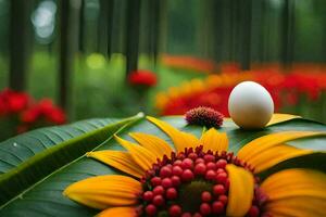 a white egg sits on a leaf in front of a flower. AI-Generated photo