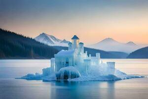 un castillo hecho de hielo flotadores en el agua. generado por ai foto