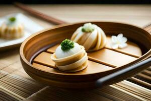 three small dumplings in a wooden bowl. AI-Generated photo