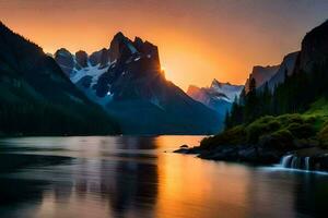 el Dom conjuntos terminado un montaña rango y un lago. generado por ai foto