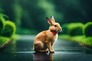 un Conejo sentado en el la carretera en el lluvia. generado por ai foto