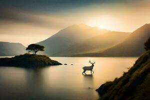 a deer stands in the middle of a lake at sunset. AI-Generated photo