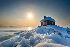 un pequeño rojo casa se sienta en parte superior de un Nevado isla. generado por ai foto