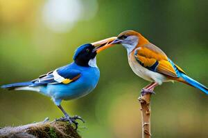 two birds are standing on a branch with their beaks open. AI-Generated photo