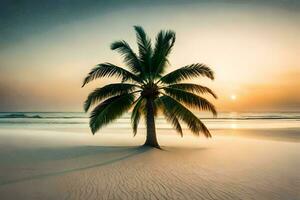 el palma árbol en el playa. generado por ai foto