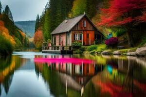 a small cabin is reflected in the water. AI-Generated photo
