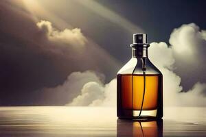 a bottle of perfume sitting on a table in front of a cloudy sky. AI-Generated photo