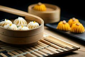 dumplings in bamboo baskets on a wooden table. AI-Generated photo