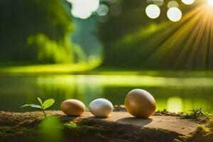 three eggs are placed on the ground in front of a pond. AI-Generated photo