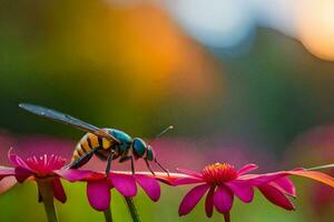 a wasp is sitting on top of some pink flowers. AI-Generated photo