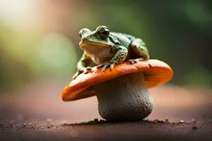 a frog sits on top of a mushroom. AI-Generated photo