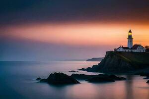 a lighthouse sits on the edge of a cliff at sunset. AI-Generated photo