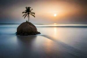 a lone palm tree stands on a rock in the ocean at sunset. AI-Generated photo