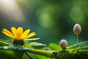 two eggs on a plant with a yellow flower. AI-Generated photo