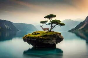 un solitario árbol soportes en un rock en el medio de un lago. generado por ai foto