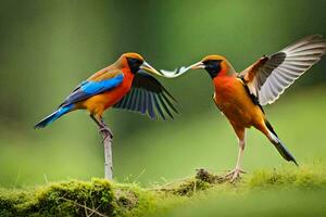 dos aves son en pie en un rama con su alas desparramar. generado por ai foto