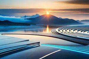 the sun is setting over a lake and mountains. AI-Generated photo