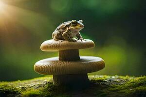 a frog sits on top of a mushroom. AI-Generated photo