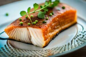 a piece of salmon on a plate with green peas. AI-Generated photo