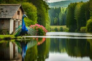 a peacock stands on the edge of a lake near a house. AI-Generated photo