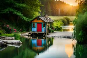 un pequeño casa se sienta en el banco de un río. generado por ai foto