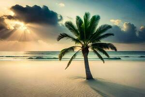 el palma árbol en el playa. generado por ai foto