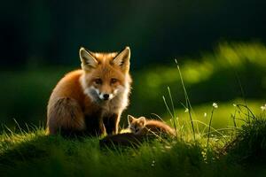 a fox and her cubs in the grass. AI-Generated photo