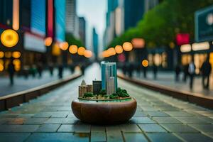 un miniatura ciudad en un de madera cuenco en un ciudad calle. generado por ai foto