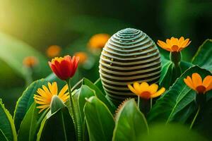 a striped egg sitting in the middle of some flowers. AI-Generated photo