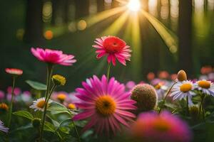 photo wallpaper the sun, flowers, the forest, the sun, the forest, the sun,. AI-Generated
