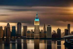 el imperio estado edificio es reflejado en el agua. generado por ai foto