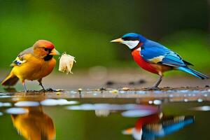 dos vistoso aves en pie siguiente a cada otro. generado por ai foto