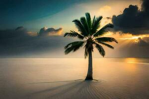 un palma árbol soportes solo en un arenoso playa a puesta de sol. generado por ai foto