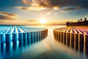 the sun is setting over a body of water with colorful blocks. AI-Generated photo