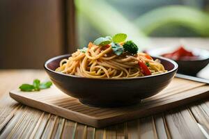 a bowl of noodles with vegetables and sauce on a wooden table. AI-Generated photo