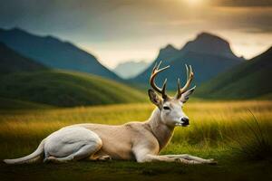a white deer laying in the grass with mountains in the background. AI-Generated photo