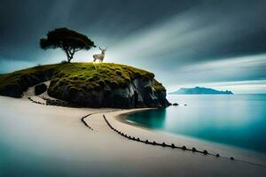 a deer stands on a small island in the middle of the ocean. AI-Generated photo